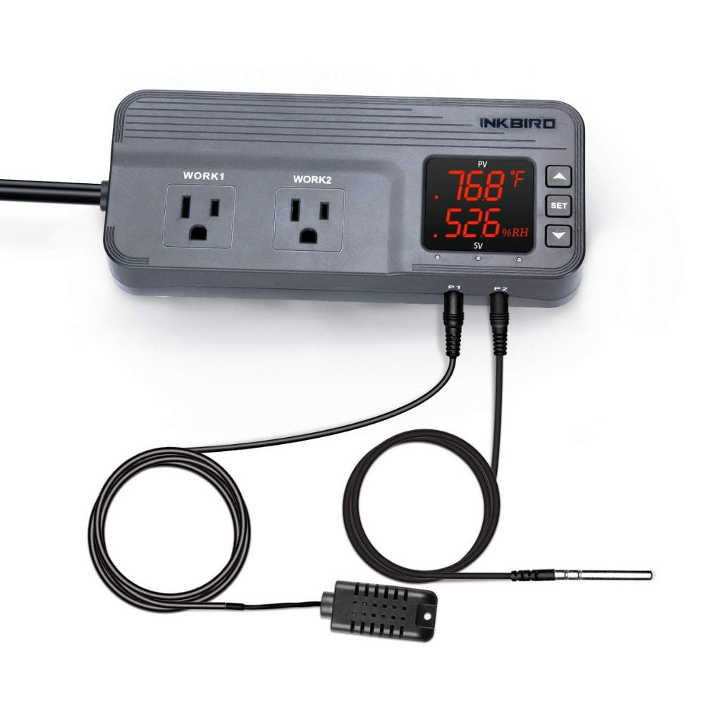 INKBIRD ITC-608T temperature and humidity controller front view showing large backlit LCD display with simultaneous temperature and humidity readout and four relay output indicators