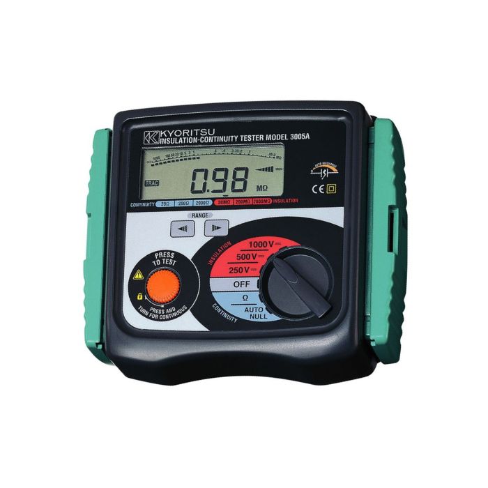 The KYORITSU 3005A continuity and insulation tester powered on, displaying a 0.98 MΩ resistance reading in the 500V measuring range.