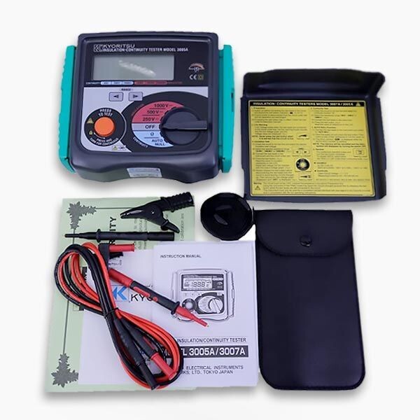 The complete KYORITSU 3005A continuity and insulation tester kit, including the main unit with front cover, test leads, user manual, calibration certificate, and protective lead wallet.
