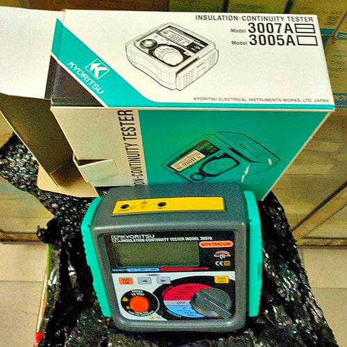 An unboxing photo of the KYORITSU 3005A insulation tester straight from store packaging.