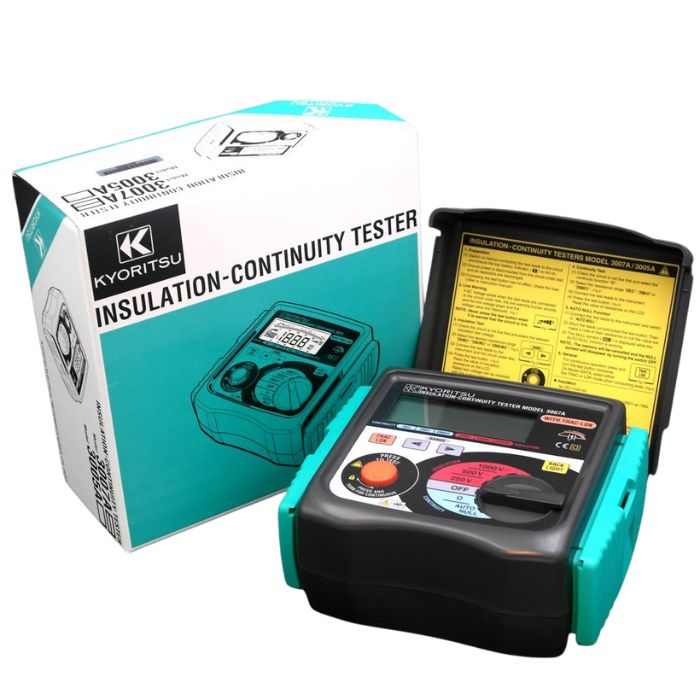 The KYORITSU 3005A continuity and insulation tester with its protective front cover and official retail packaging box.