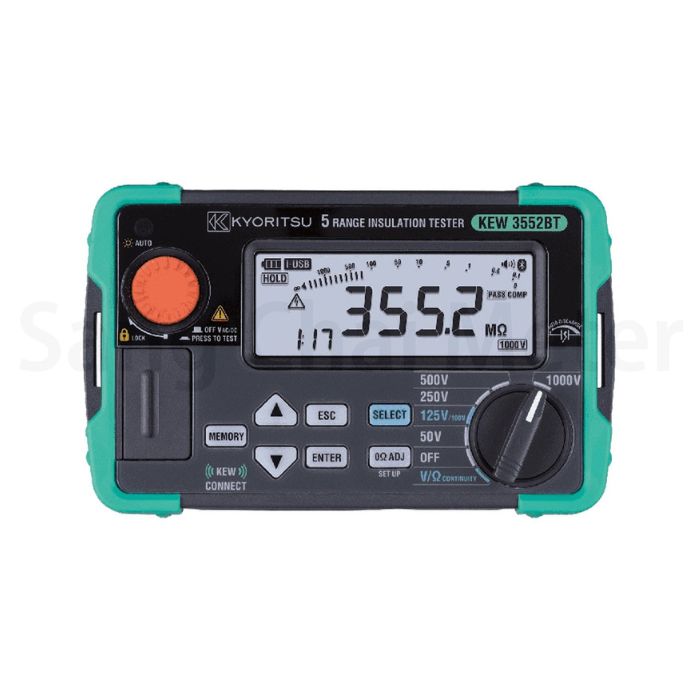 KYORITSU KEW 3552BT digital continuity and insulation tester powered on, showing a 355.2 MΩ reading with no test leads connected in the 1000V range.