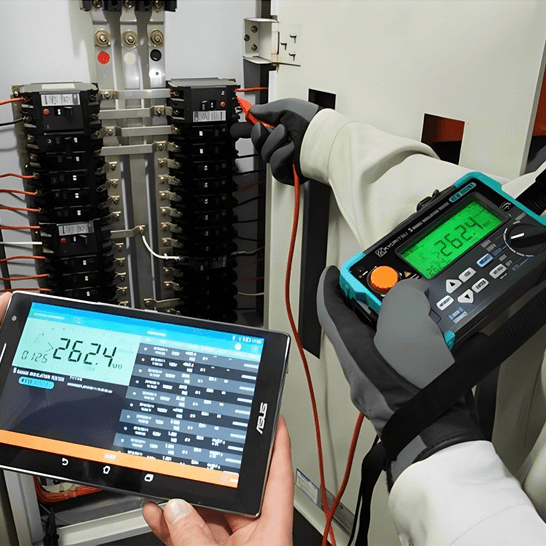 Technician performing a bus bar installation test using KYORITSU KEW 3552BT insulation tester, Bluetooth monitoring on tablet, 262.4 MΩ reading, backlit display, 125V range.
