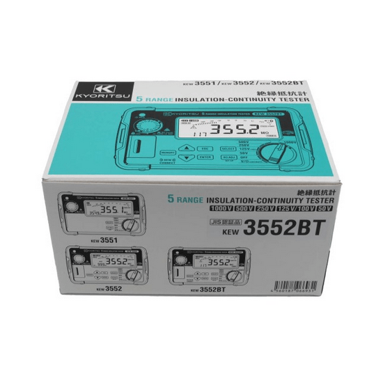 Official retail packaging box for KYORITSU KEW 3552BT continuity and insulation tester.