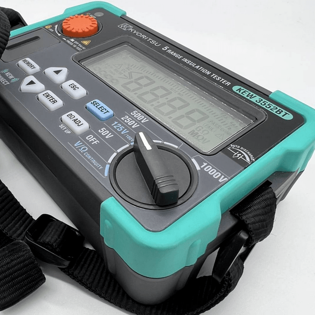 KYORITSU KEW 3552BT insulation and continuity tester powered on, straps attached, ready for electrical testing.