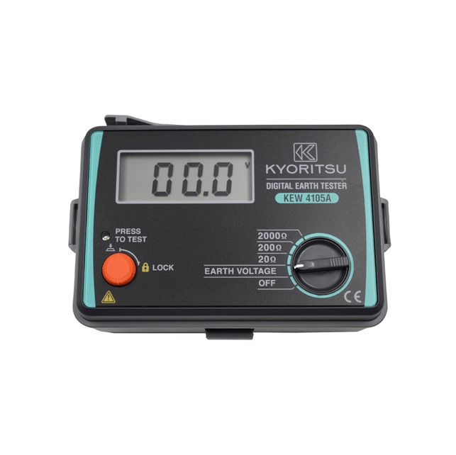 The KYORITSU KEW 4105A digital earth tester is shown powered on, displaying an earth voltage reading of 00.0V on its clear LCD screen before a test.