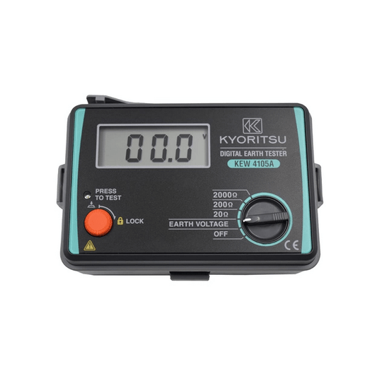 The KYORITSU KEW 4105A digital earth tester is shown powered on, displaying an earth voltage reading of 00.0V on its clear LCD screen before a test.