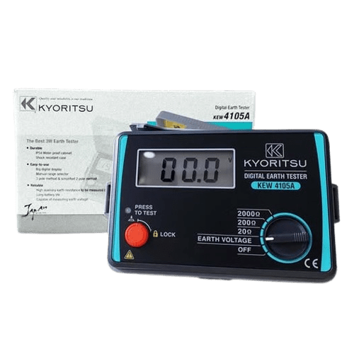 The front view of the KYORITSU KEW 4105A digital earth tester, powered on and placed in front of its official product box to show the complete retail package.