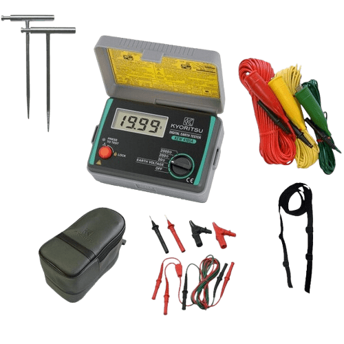 The KYORITSU KEW 4105A ground resistance meter kit, including the main unit, test leads, auxiliary earth spikes, and carrying case, laid out for inspection.