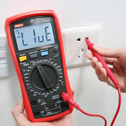 Identifying Live Wire in Wall Socket using UNI-T UT890C - Single Probe Live Test Function - Display Alert Showing 'LIVE' - Mains Polarity Check for Electrical Installation
