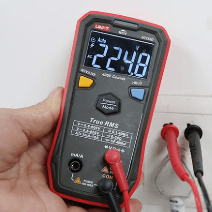 Checking Wall Outlet Voltage with UNI-T UT123D - Household Mains Electricity Test - Live Wire Detection with Auto-Ranging Voltmeter Probes Inserted in Plug Base