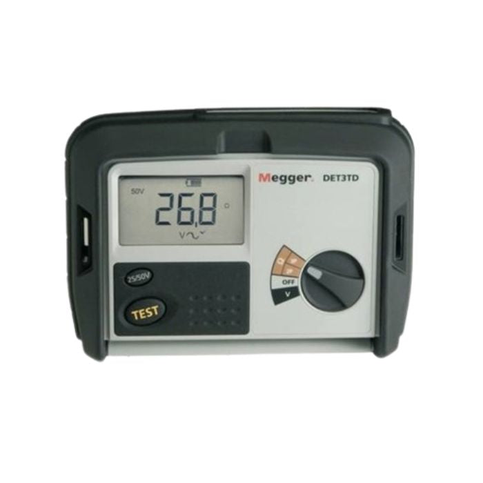 The MEGGER DET3TD digital earth tester is shown powered on, with its clear LCD displaying a ground resistance reading of 26.8 ohms during an earth pit test.