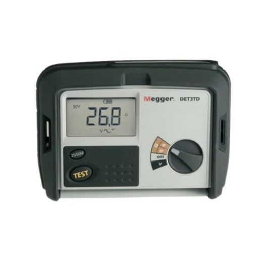 The MEGGER DET3TD digital earth tester is shown powered on, with its clear LCD displaying a ground resistance reading of 26.8 ohms during an earth pit test.