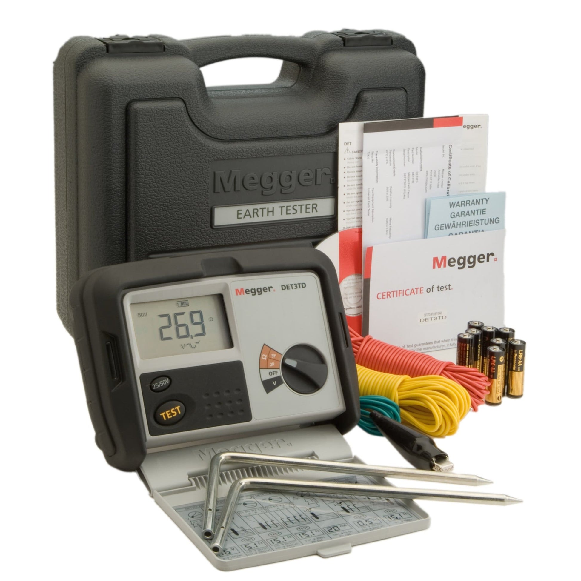 The complete MEGGER DET3TD ground resistance tester kit, including the main unit, test leads, earth spikes, batteries, and official calibration certificate.