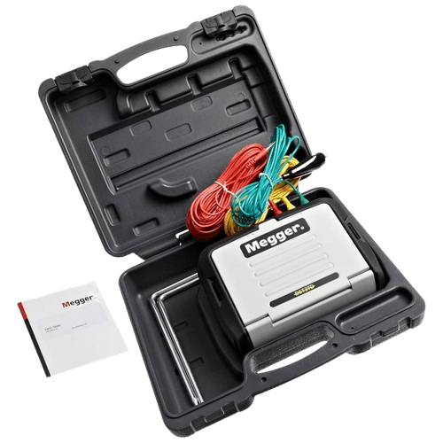 The MEGGER DET3TD tester and its wire spools are neatly packed inside the fully open hard case, with the test certificate visible in the background.