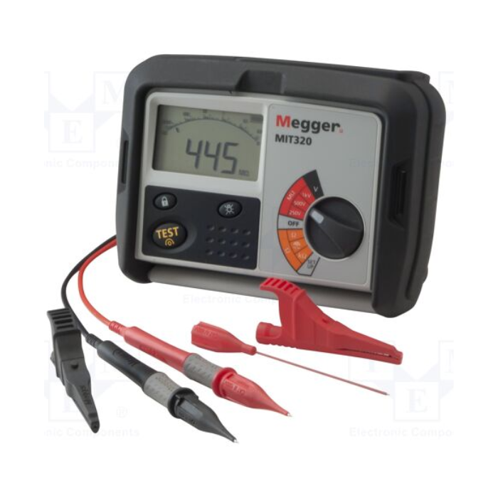 MEGGER MIT320 insulation tester with test leads connected displaying 445 megaohm reading on 500V insulation test range