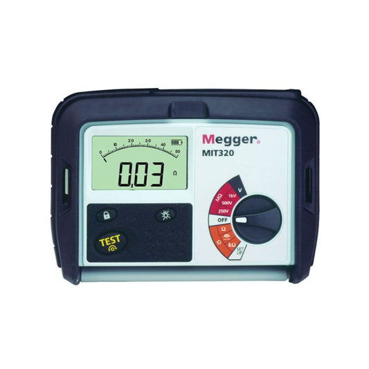 MEGGER MIT320 insulation tester powered on displaying 0.03 ohm continuity reading, no test leads connected