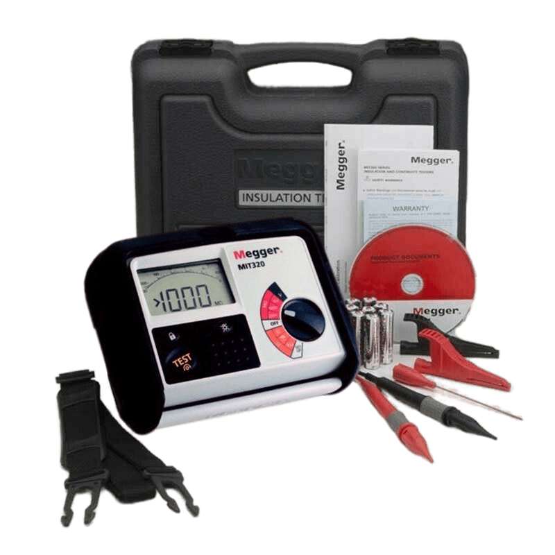 Complete MEGGER MIT320 insulation tester kit with carrying case, user manual, calibration certificate, software CD, straps, batteries, and crocodile clips