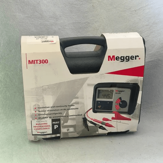Official retail packaging box for MEGGER MIT320 digital insulation and continuity tester