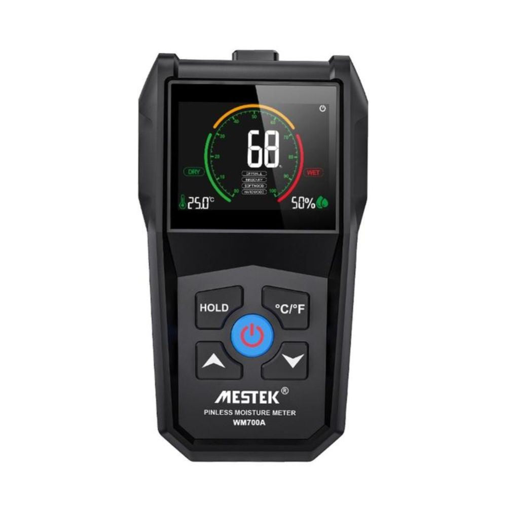 Mestek WM700A digital moisture meter front view showing 68% humidity reading on color LCD screen for dampness testing.
