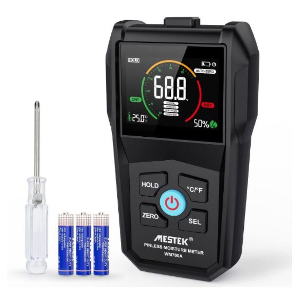 Mestek WM700A package contents including three AAA batteries, screwdriver, and battery compartment cover.