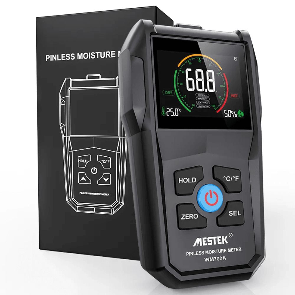 Mestek WM700A non-destructive pinless moisture meter in official retail box with user manual and protective packaging.