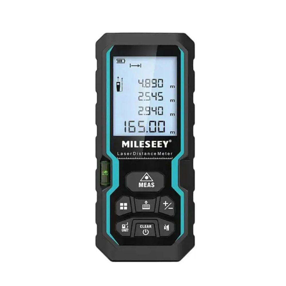 Mileseey S6 100m IP54 laser distance meter – front view showing LCD display and spirit level