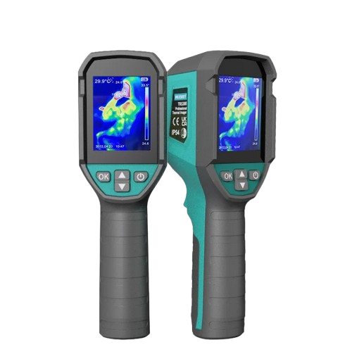 Two mileseey thermal imaging devices with digital displays on a white background