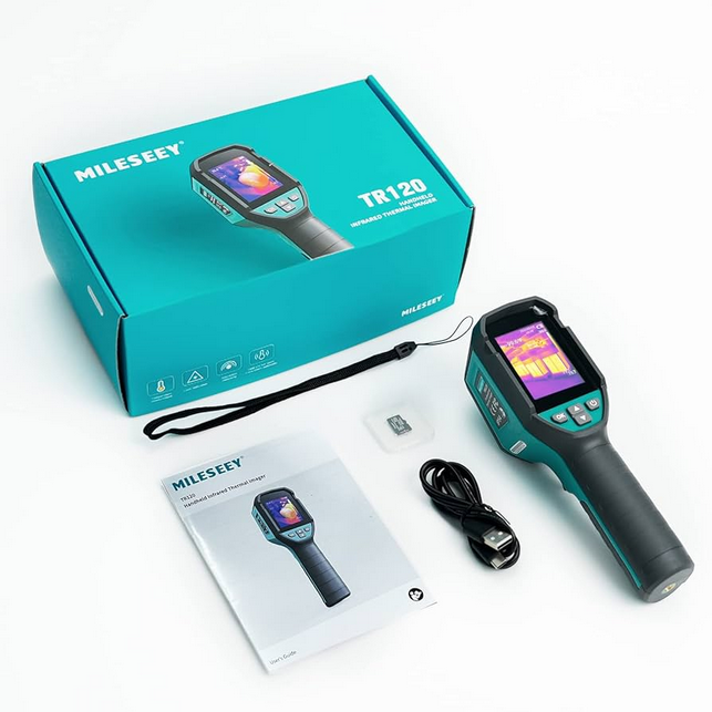 Mileseey thermal imaging camera with packaging and accessories on a white background