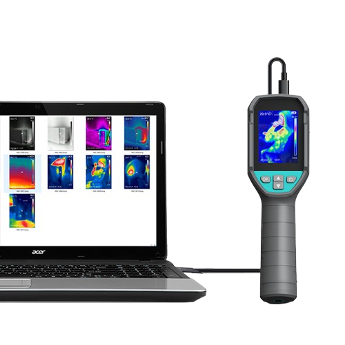 Mileseey thermal imaging device connected to a laptop displaying thermal images.