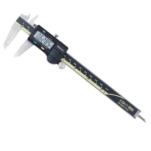 The finely etched scale on the stainless steel body of the Mitutoyo 150mm digital caliper