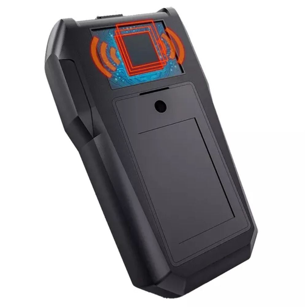 Closeup of Mestek WM700A back-side high-precision inductive sensor for non-contact pinless material scanning.