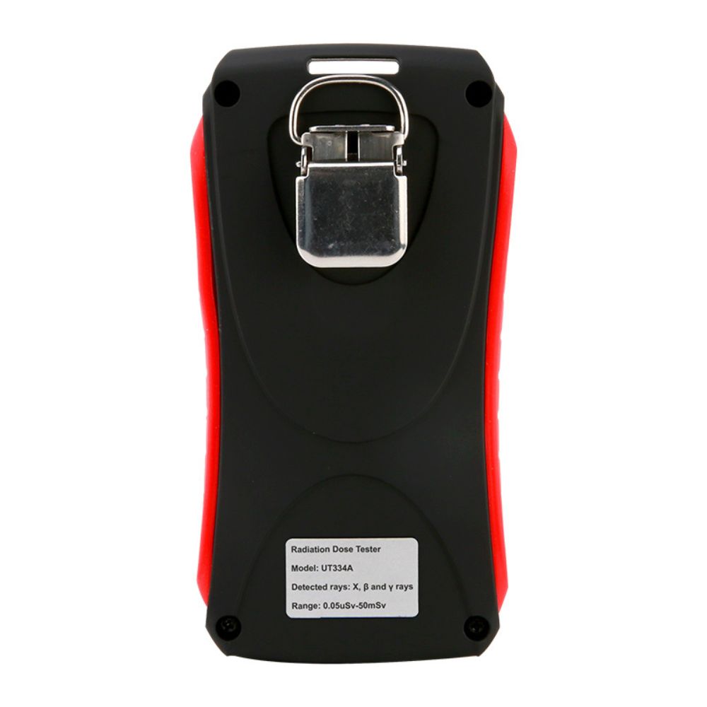 UNI-T UT334A Personal Dosimeter backside view featuring a durable metal clip for attaching the radiation monitor to lab coats or safety vests.