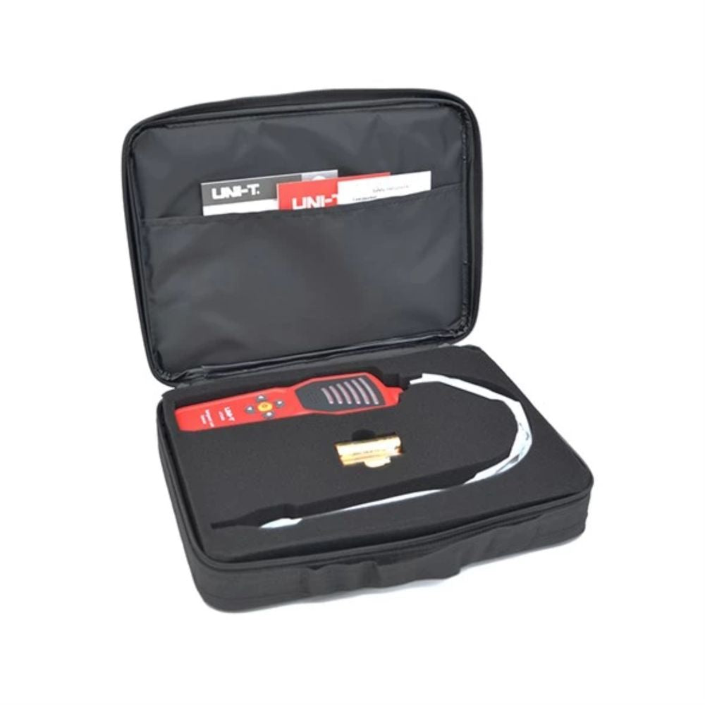 The professional CFC and HFC refrigerant detector neatly arranged inside its soft carrying pouch alongside the instruction manual and safety guidelines.