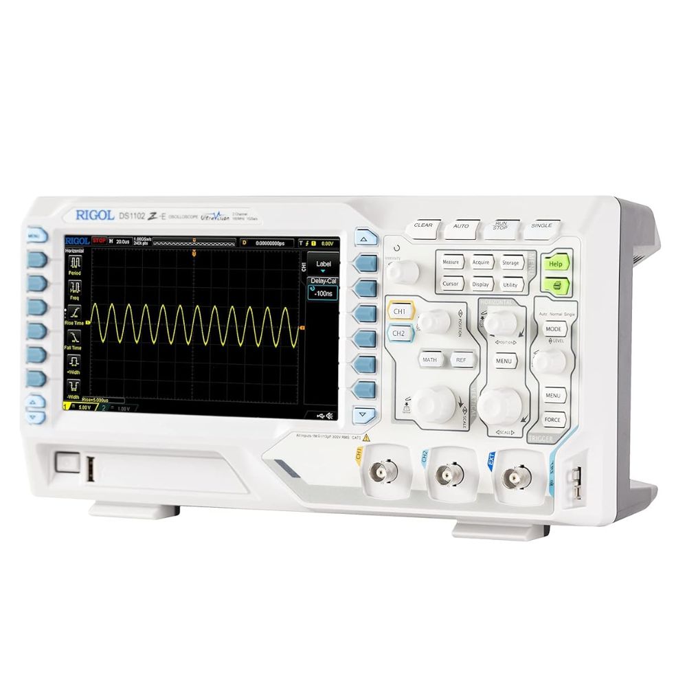 RIGOL DS1102Z-E 100MHz 2 Channel Digital Oscilloscope front view powered on showing waveform - Professional benchtop scope electronics repair automotive diagnostics PCB testing Sri Lanka