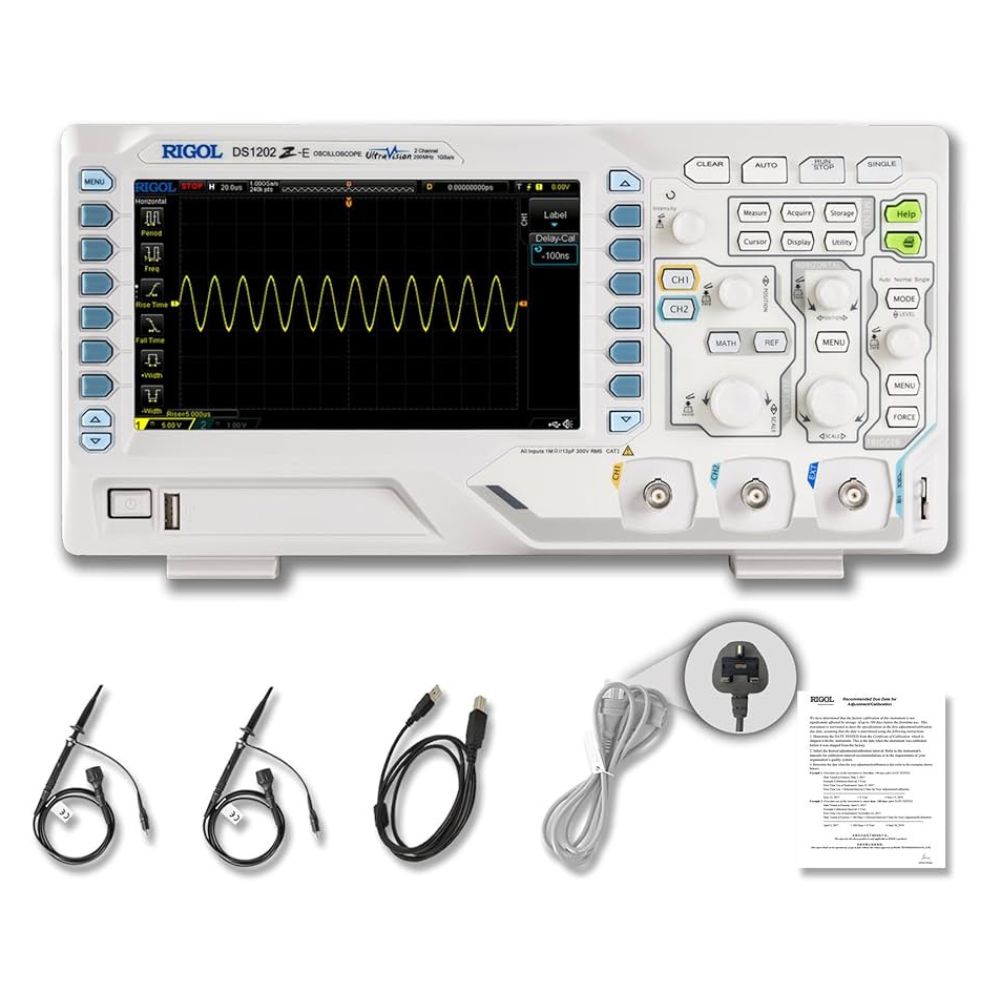 RIGOL DS1202Z-E 200MHz oscilloscope complete professional kit 2x 200MHz probes power cord USB LAN cables manual - 2GSa/s digital storage scope RF signal analysis automotive radar Sri Lanka.