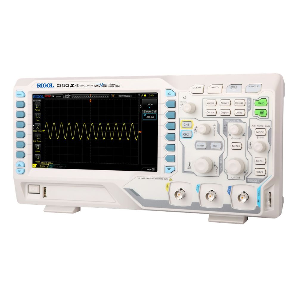 RIGOL DS1202Z-E 200MHz 2 Channel Digital Oscilloscope front view powered on 7-inch waveform display - Professional high-speed benchtop scope RF testing automotive radar electronics engineering Sri Lanka.