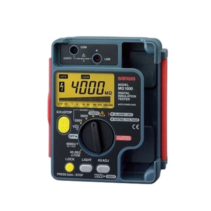 SANWA MG1000 digital insulation tester 1000V range showing 4000 megaohm insulation resistance, no test leads connected
