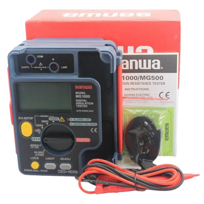 SANWA MG1000 insulation tester complete set with test leads, strap, user manual, calibration certificate, and retail packaging