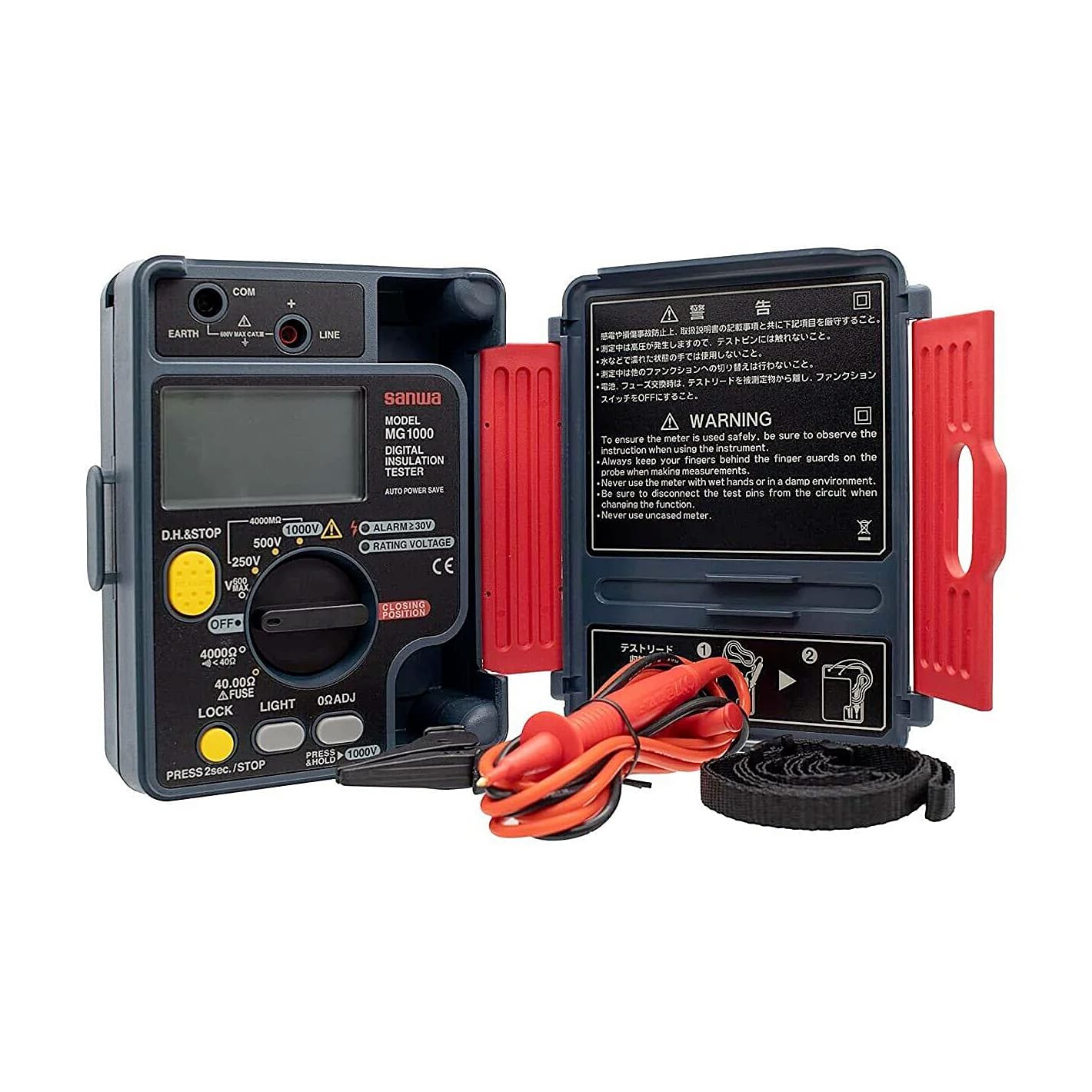 SANWA MG1000 insulation tester front view with test leads and clips arranged on a desk