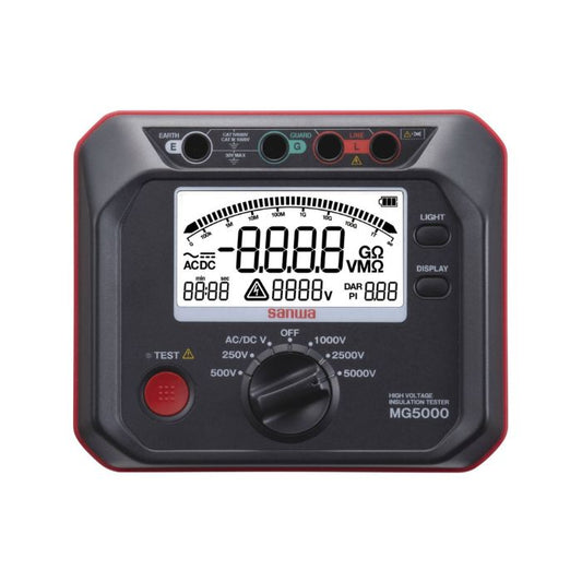 Sanwa MG5000 high voltage insulation tester powered on, displaying 5000V test range selected without test leads connected.