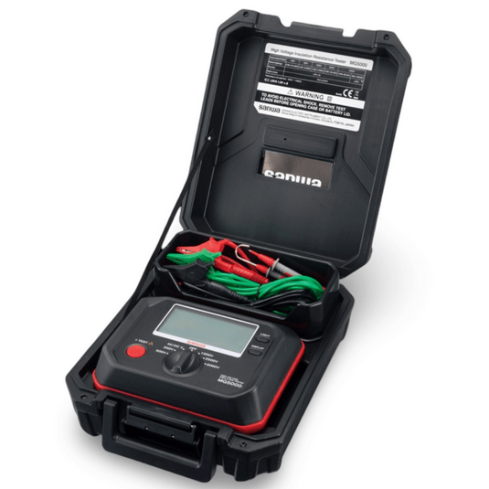 Sanwa MG5000 insulation tester well arranged inside a fully opened hard carrying case for easy transport and protection.