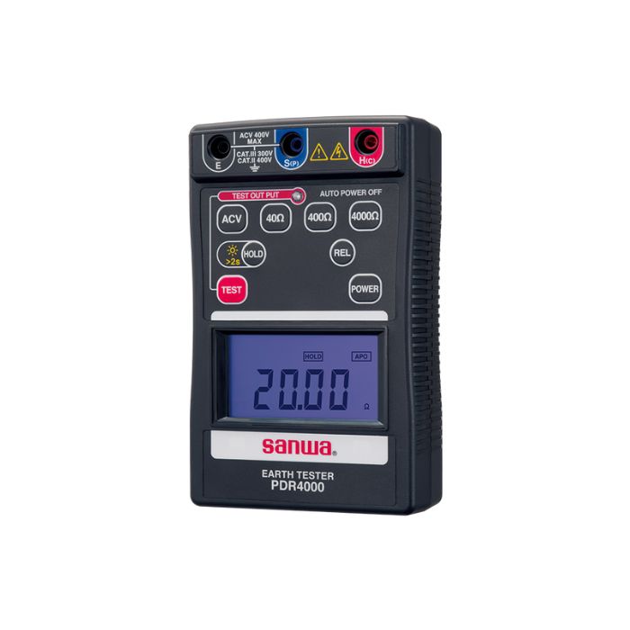 The SANWA PDR4000 digital earth tester is powered on, with its backlit LCD clearly displaying a resistance reading of 20.0 ohms.