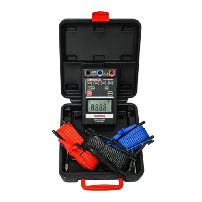 The complete SANWA PDR4000 earth tester kit is shown packed in its open carrying case, including the main unit, test leads, and other accessories.