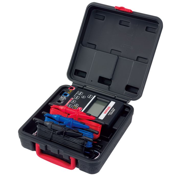 The SANWA PDR4000 earth tester and its components, including color-coded wire spools, are shown neatly organized inside the black protective carrying case.
