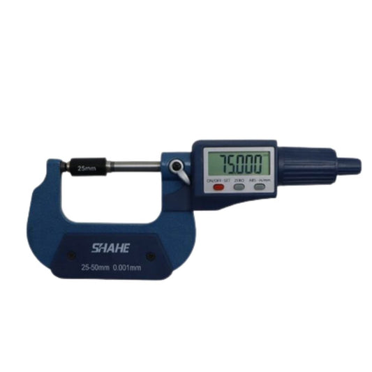 SHAHE 25-50mm Digital Micrometer Screw Gauge showing high-precision 75.000mm reading with 25mm calibration block for engineering accuracy.