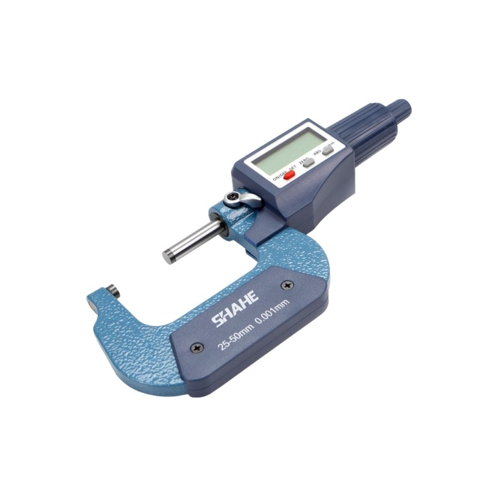 Side view of SHAHE 25-50mm Digital Screw Gauge showing ergonomic frame and carbide measuring faces for automotive and mechanical diagnostics.