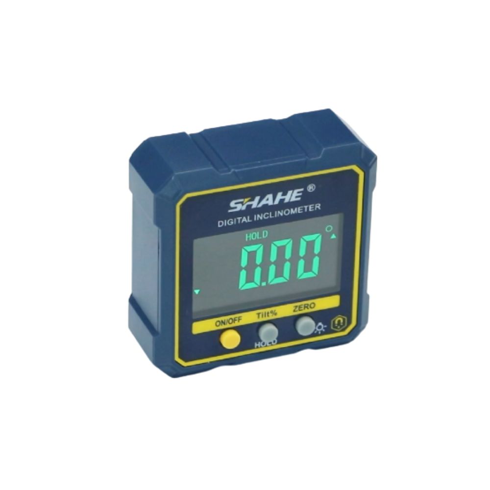 SHAHE 5315-90C digital inclinometer magnetic angle finder front view showing 0.0 degrees for woodworking machinery leveling and DIY projects.