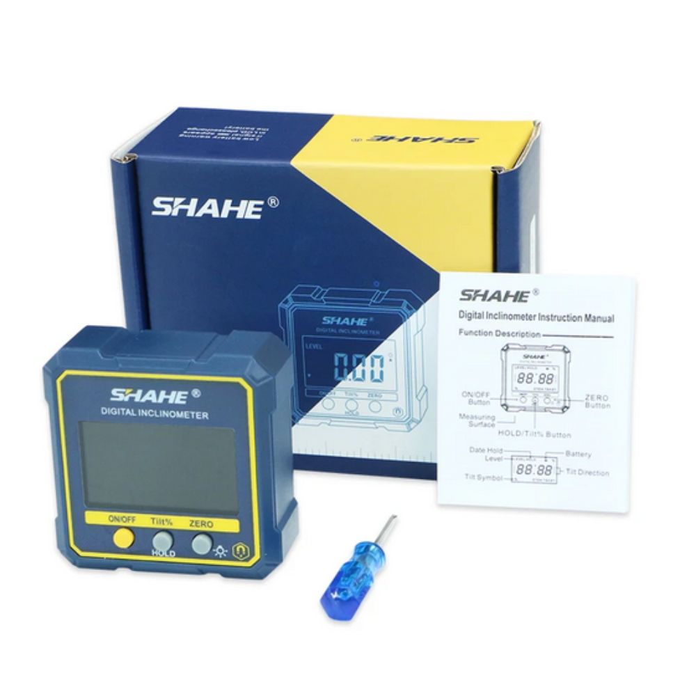 SHAHE 5315-90C digital inclinometer full set with magnetic angle gauge, user manual, retail box and screwdriver for carpentry metal fabrication and construction.