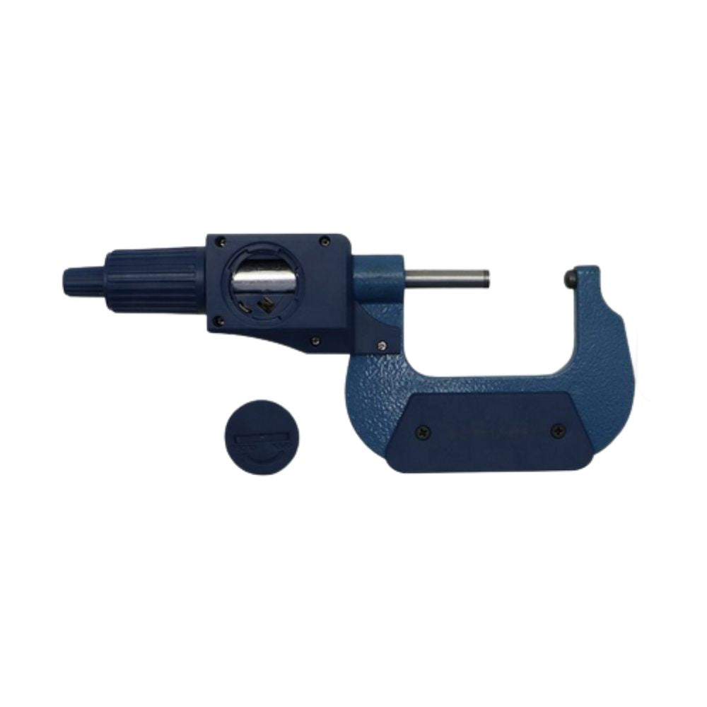 Rear view of SHAHE 25-50mm Digital Micrometer showing the 3V CR2032 battery compartment for easy maintenance and replacement.